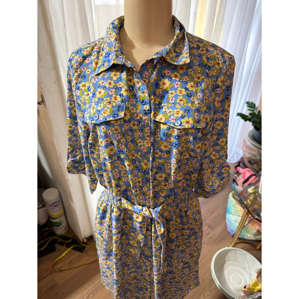 Millenium Floral Blue Shirt Dress Large Elastic Waist Roll Tab Sleeve Belted